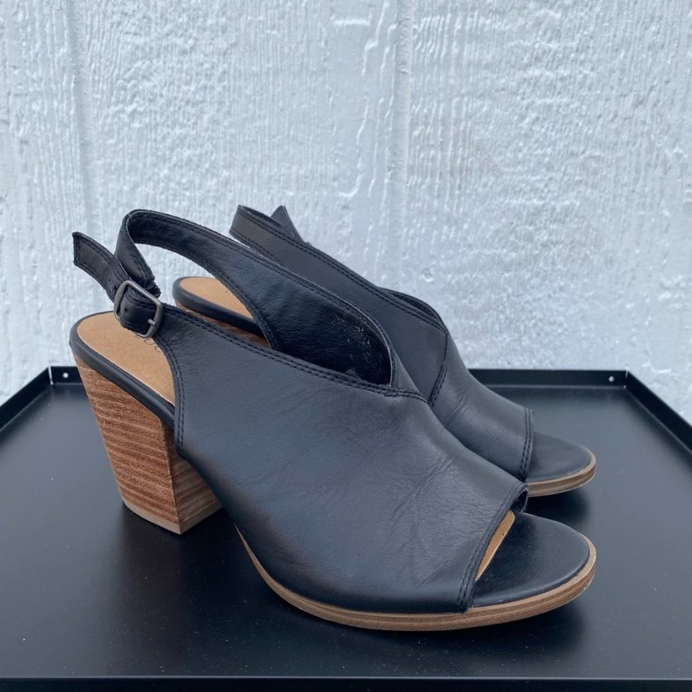 Lucky Brand Leather Open Toe Slingback Block Heel Black Size 8 (fits like 7.5)